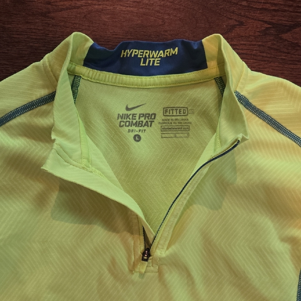 Nike Pro Combat Hyperwarm Lite Fitted Neon Yellow Top with Blue Detail Zip Neck - Picture 3 of 6